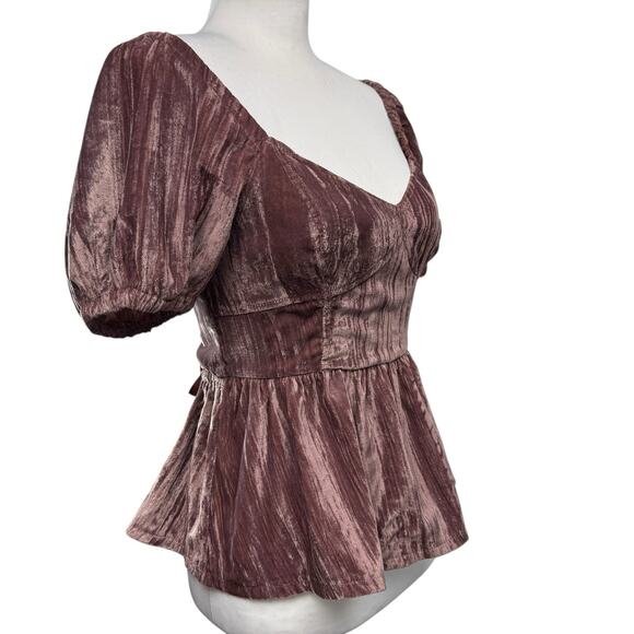 Romantic Peplum Velvet Fitted Top Puff Sleeve Plum Size XS Sweetheart Neck Fairy - Picture 2 of 7